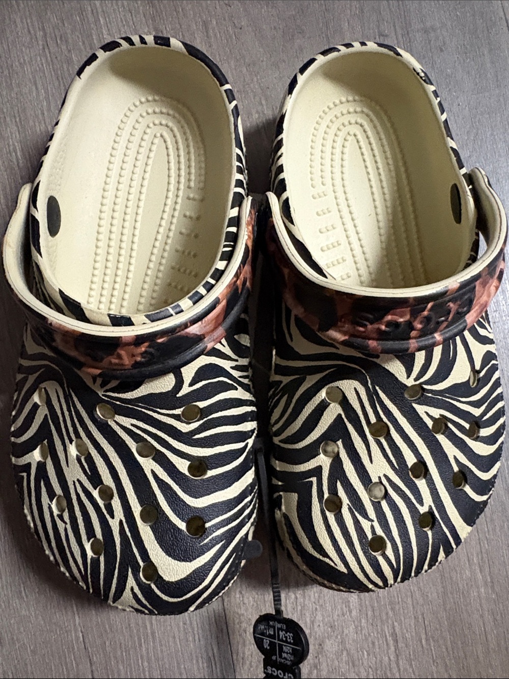 Kids Animal Print CROCS - Black & Cream zebra print with cheeta heel straps